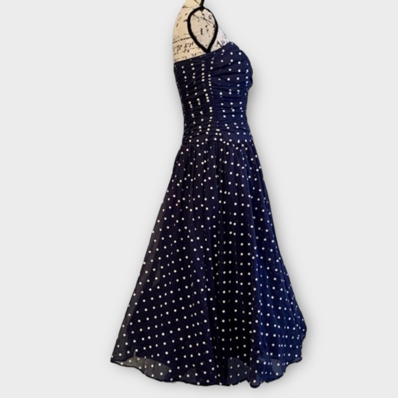 Vintage Navy Blue Polka Dot Strapless Fit and Flare Swing Dress - Picture 3 of 12